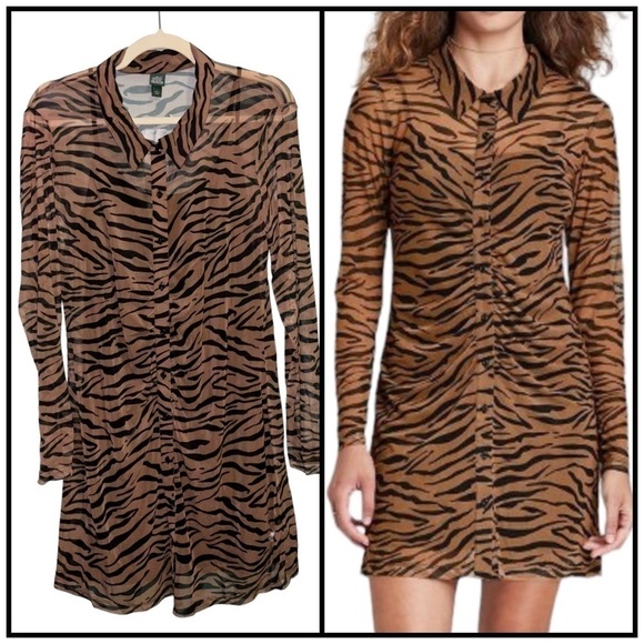 Wild Fable Sheer Dress Button Front Collared Brown Zebra Sz. Large - Picture 1 of 10